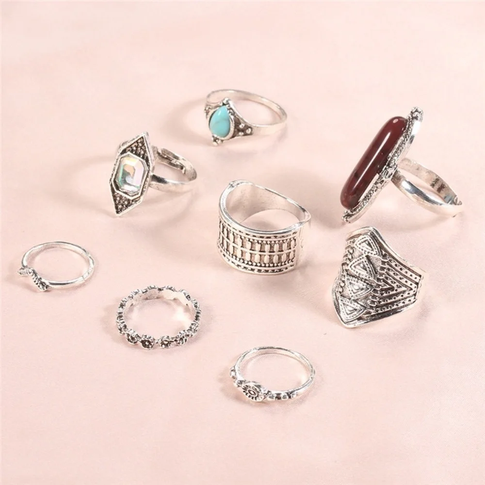 *CAMILLA* 8-Pc Silver x Turquoise Fashion Ring Set